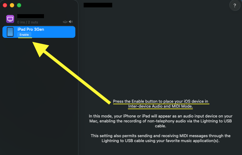 macOS Audio MIDI Setup — the iPad listed with the prompt 'Press the Enable button to place your iOS device in Inter-device Audio and MIDI Mode.'
