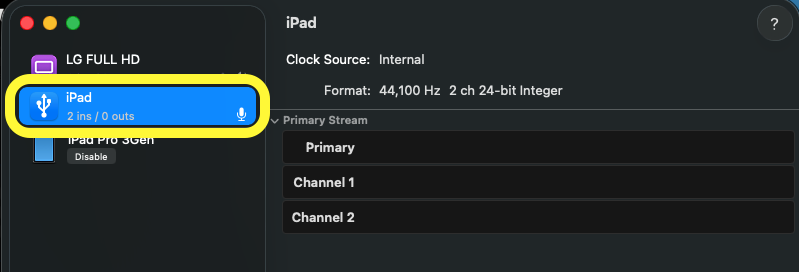 macOS Audio MIDI Setup — the Enable button pressed; the iPad's MIDI input now active and highlighted.