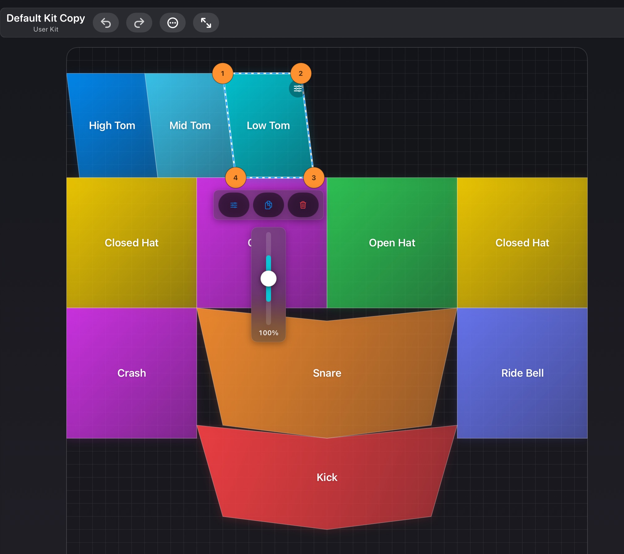 Pad Edit mode — pads with vertex handles.
