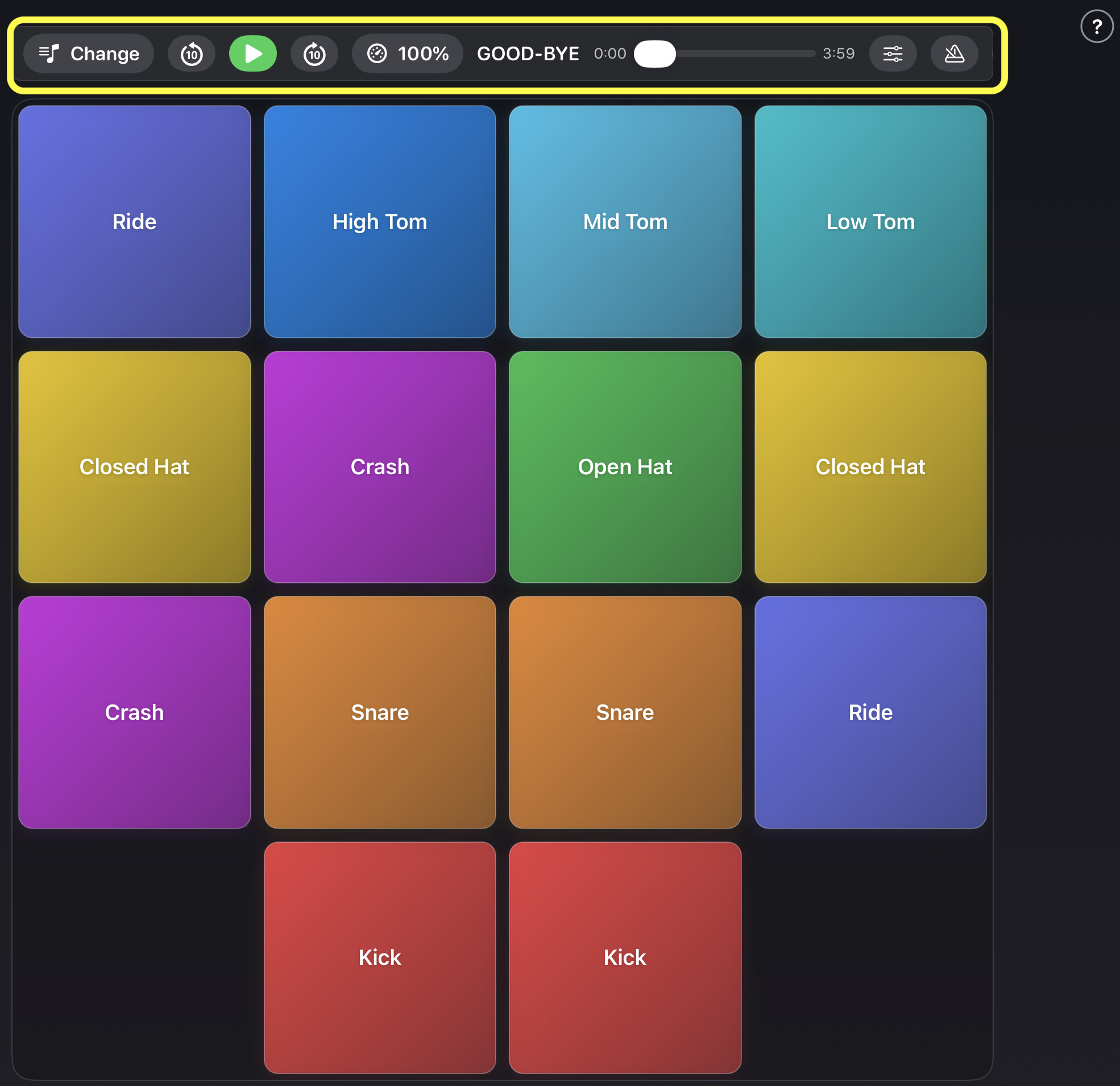 Play mode — pad surface with the backing track (BGM) bar shown.