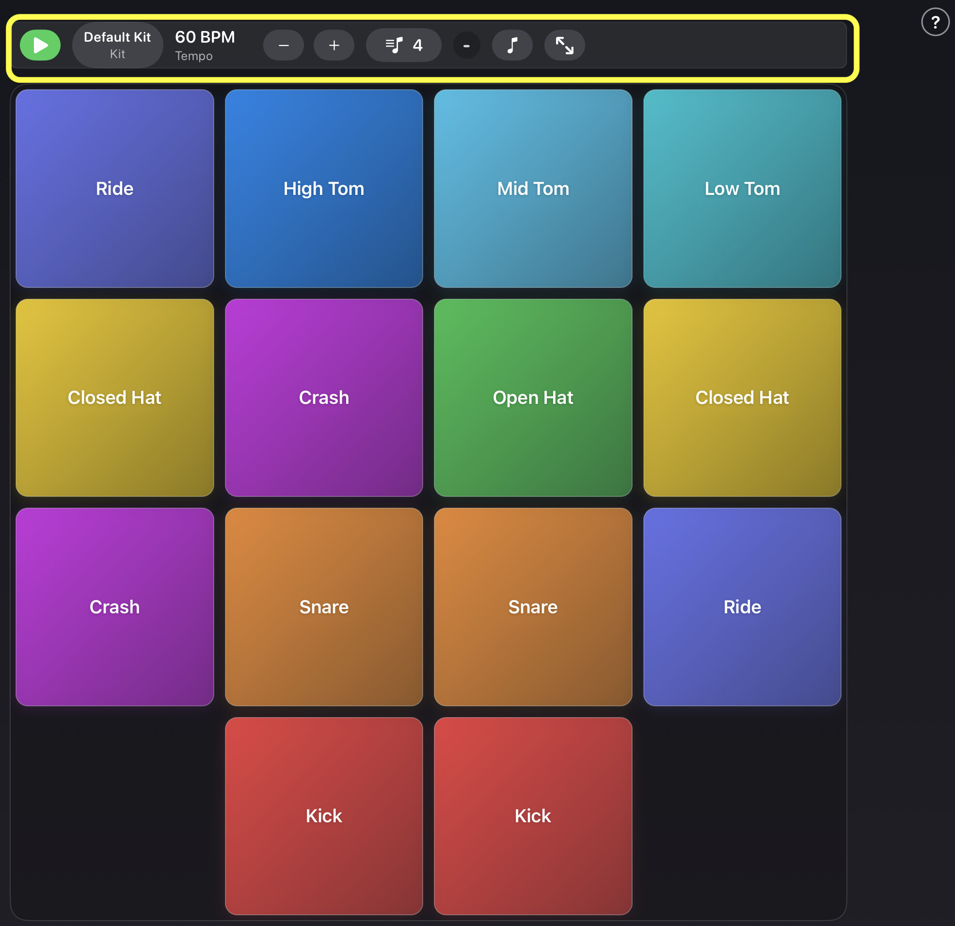 Play mode — pad surface with the metronome bar shown.