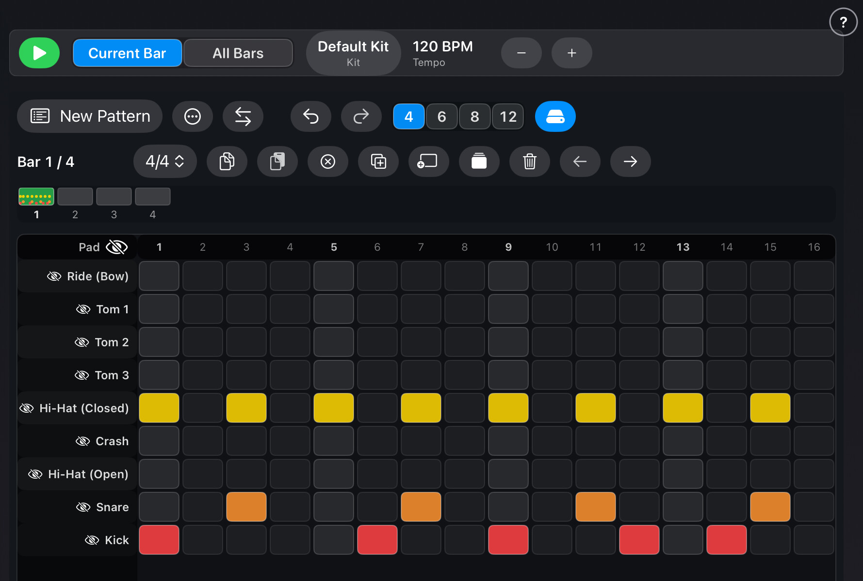 Sequencer mode — step grid with transport bar.