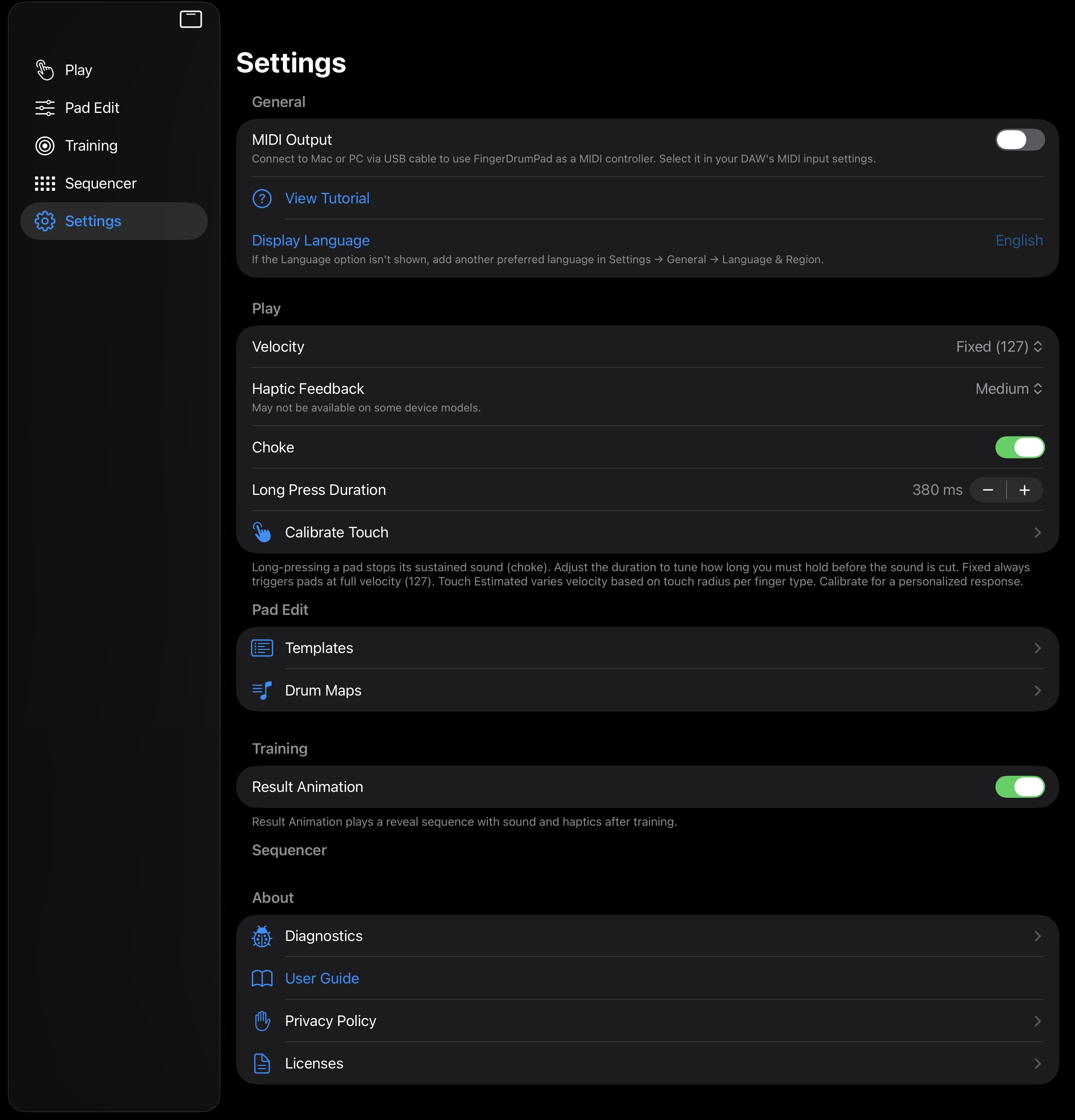 Settings — the full section list (General, Play, Pad Edit, Training, Sequencer, Info).