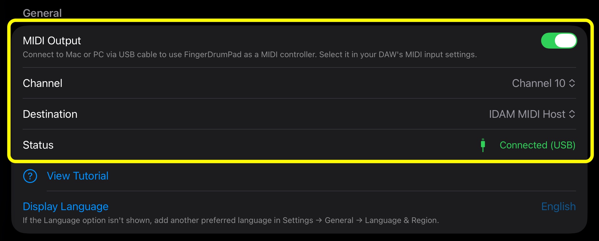 Settings → MIDI Output — the toggle ON, destination set to IDAM MIDI Host, status showing Connected (USB).