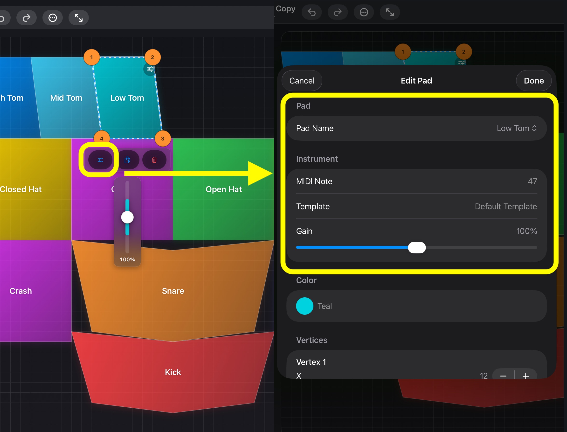 Pad Edit — tap a pad to open the floating menu, then choose Pad Details to edit its sound and settings.