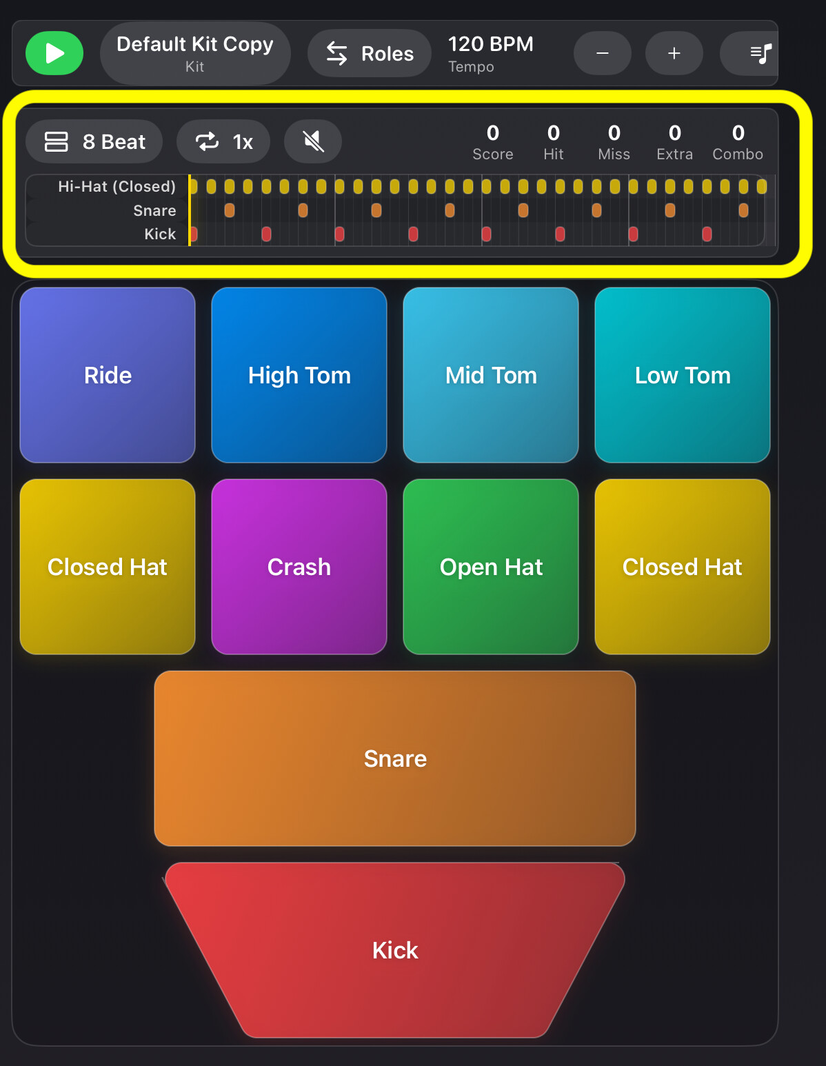 Training mode — note flow across the screen.